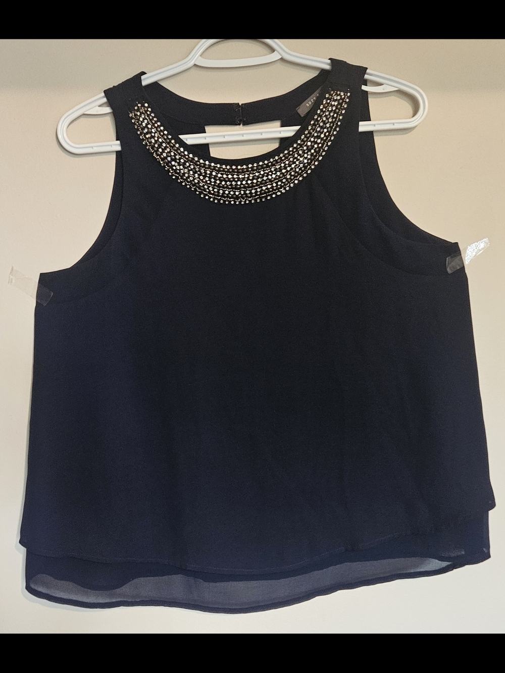 Suzy Shier Navy Beaded Chiffon Layered Top